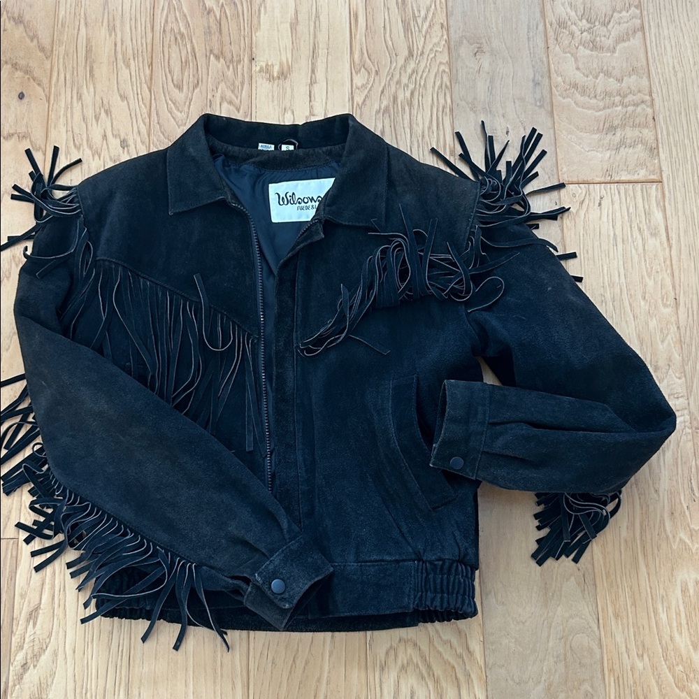 Wilson’s Vintage Fringe Bomber Jacket Small Black Suede Zipper Front - Picture 2 of 11
